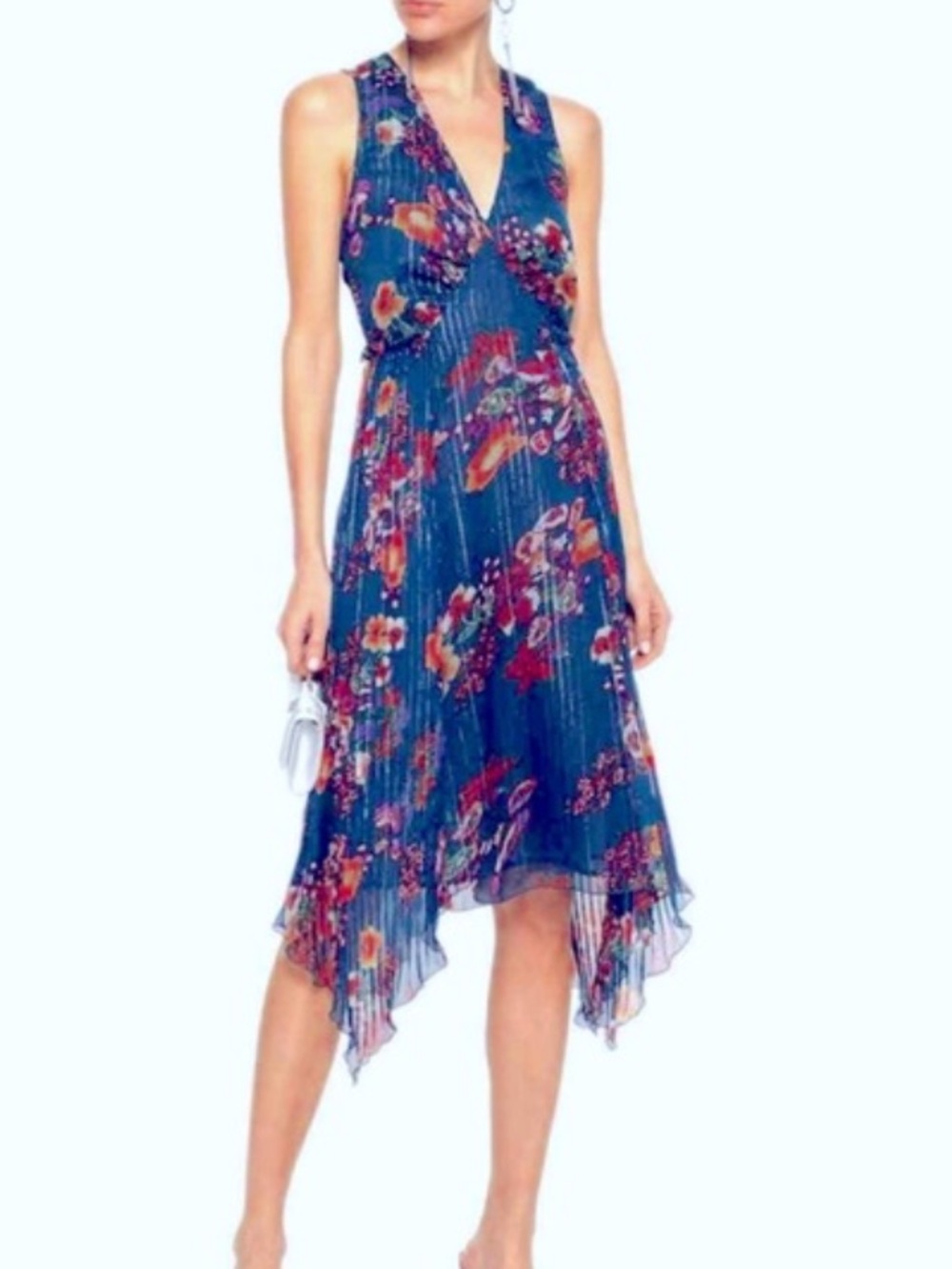 Blue Floral Pleated V-Neck Handkerchief Hem Dress